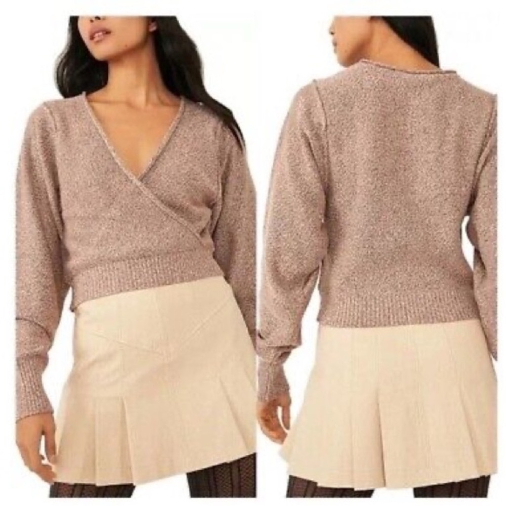 Free People Going for Gold Faux Wrap Crop Sweater Rose Gold L - Picture 3 of 11